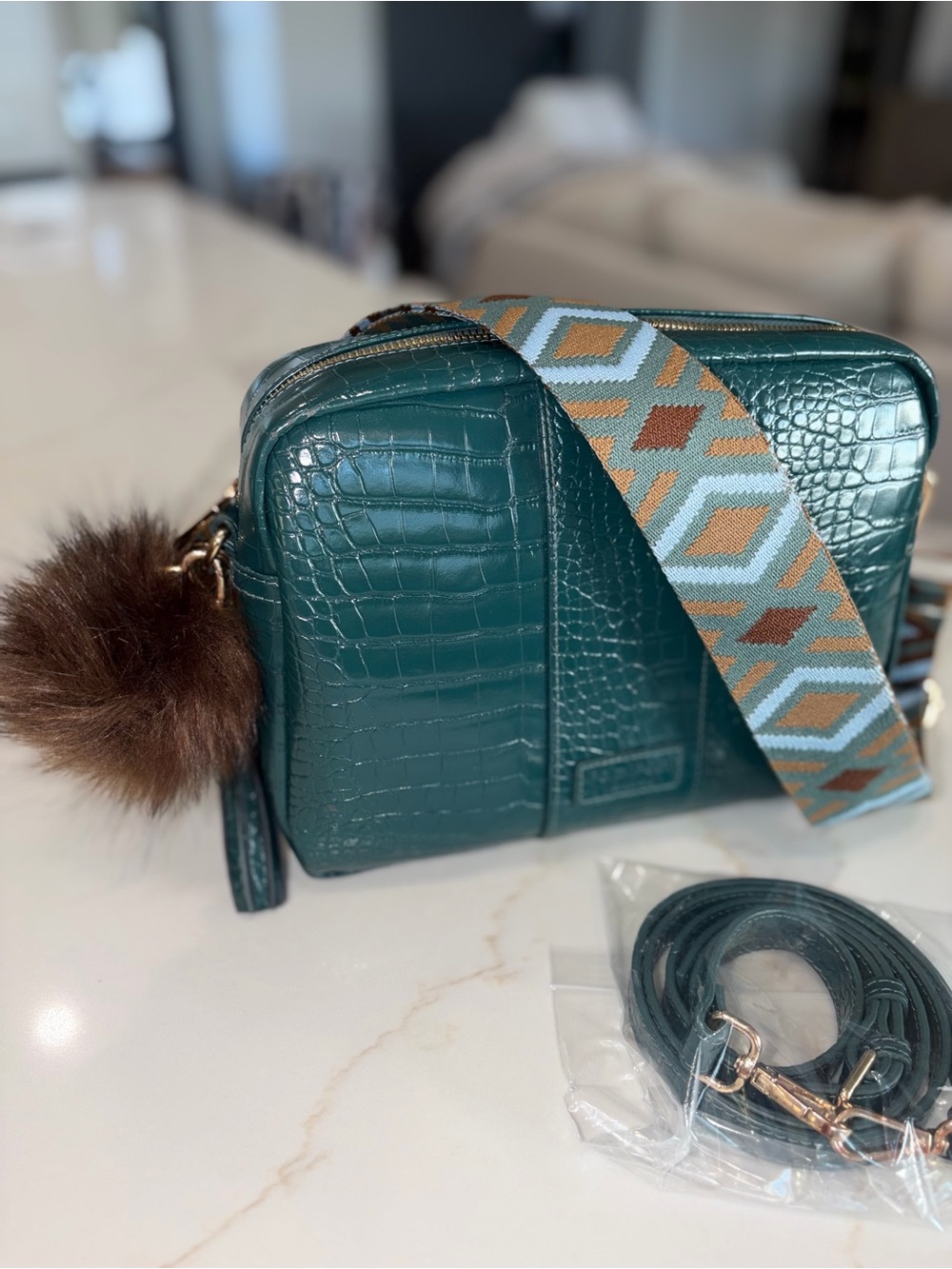 Pom Pom London marine blue green croc City Plus Crossbody bag purse